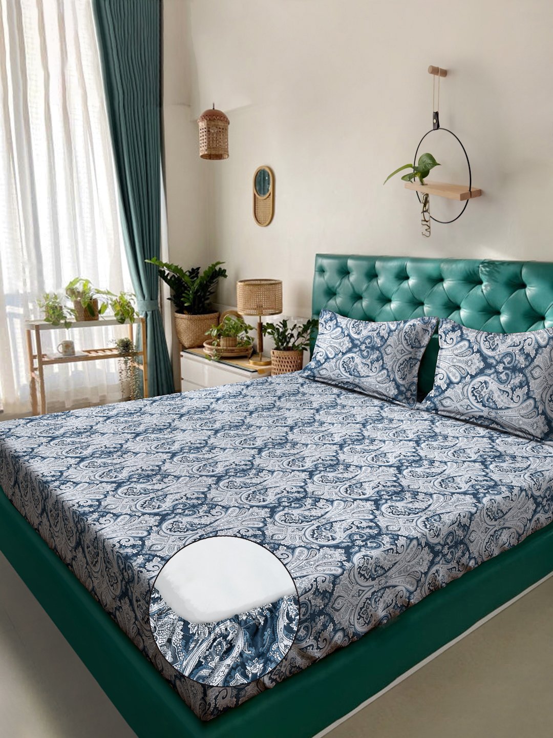 Blue Floral 400 TC Pure Cotton Fitted Double Bedsheet with 2 Pillow Covers