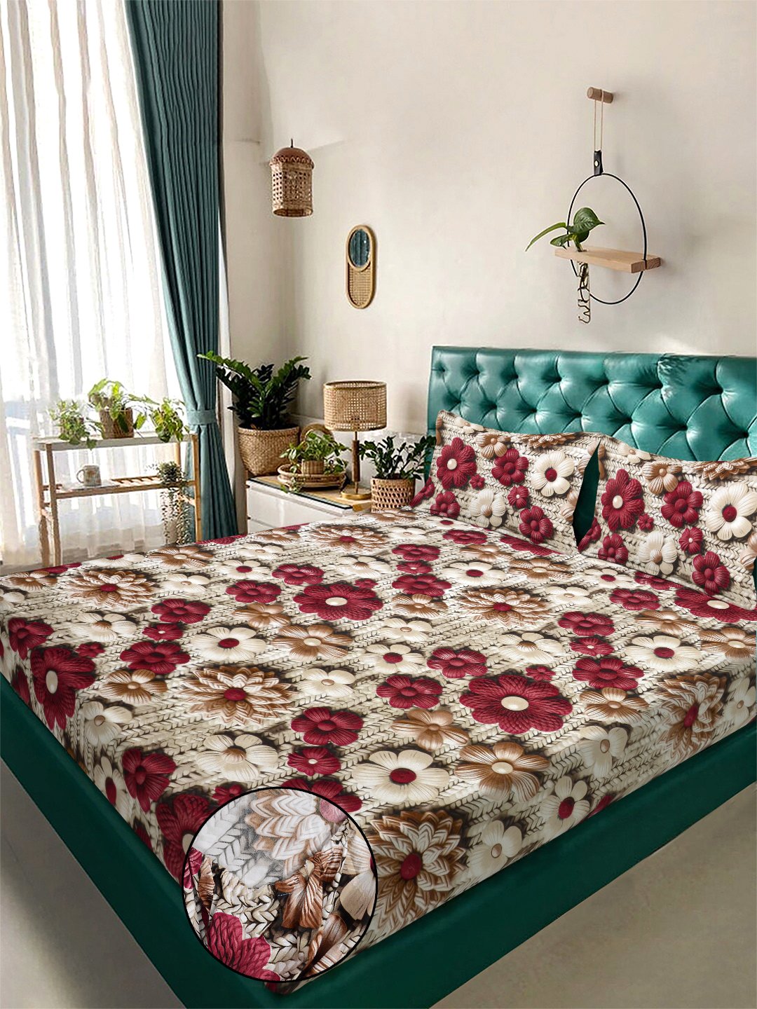 Beige Floral 7D King Size Cotton Blend Fitted Double Bedsheet with 2 Pillow Covers