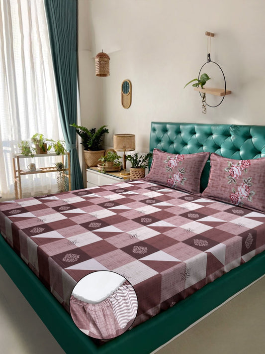 Rust Geometric 400 TC Pure Cotton Super King Fitted Double Bedsheet with 2 Pillow Covers