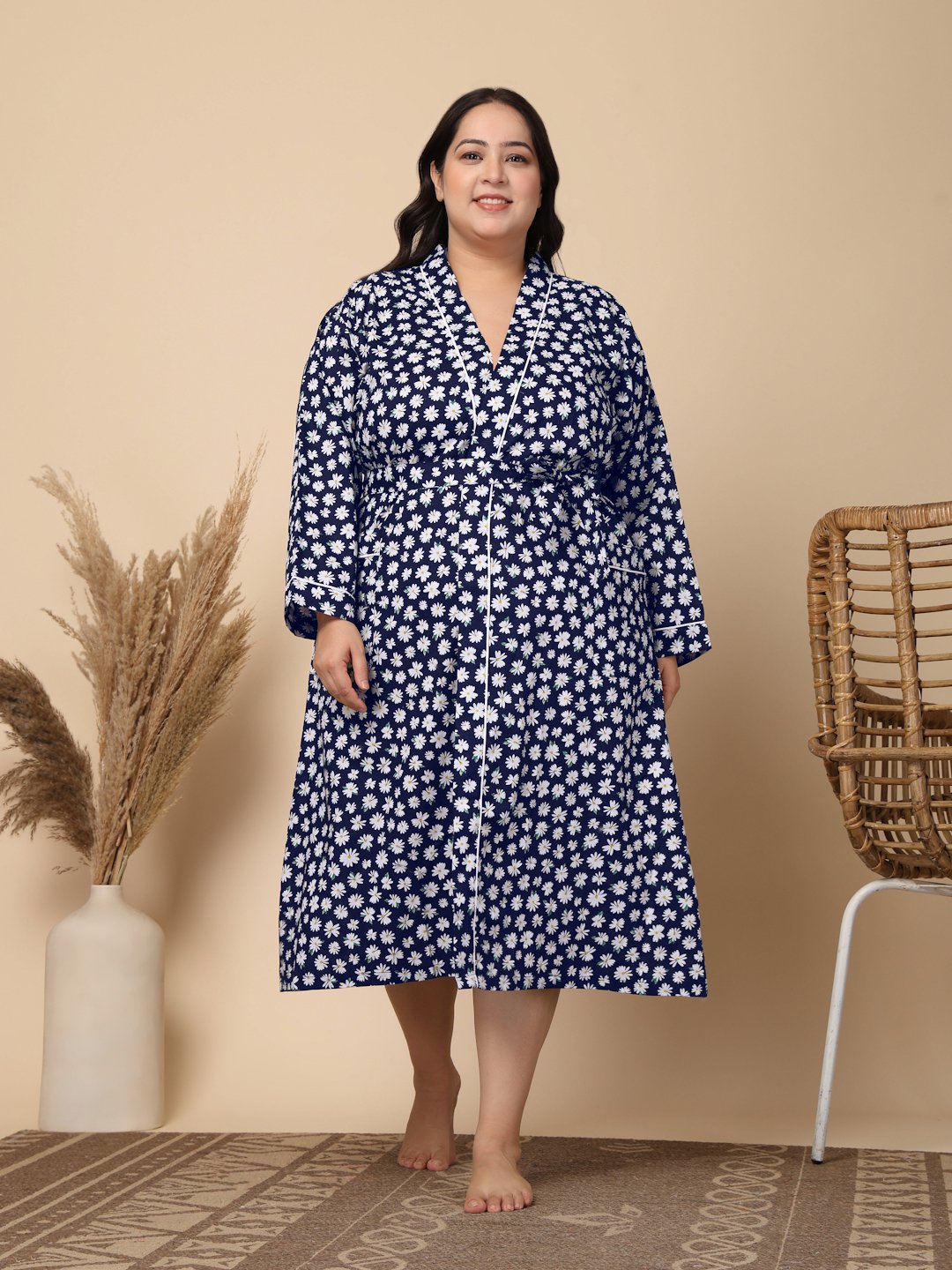 Women Printed Blue Floral Plus Size Pure Cotton Bath Robe With Belt