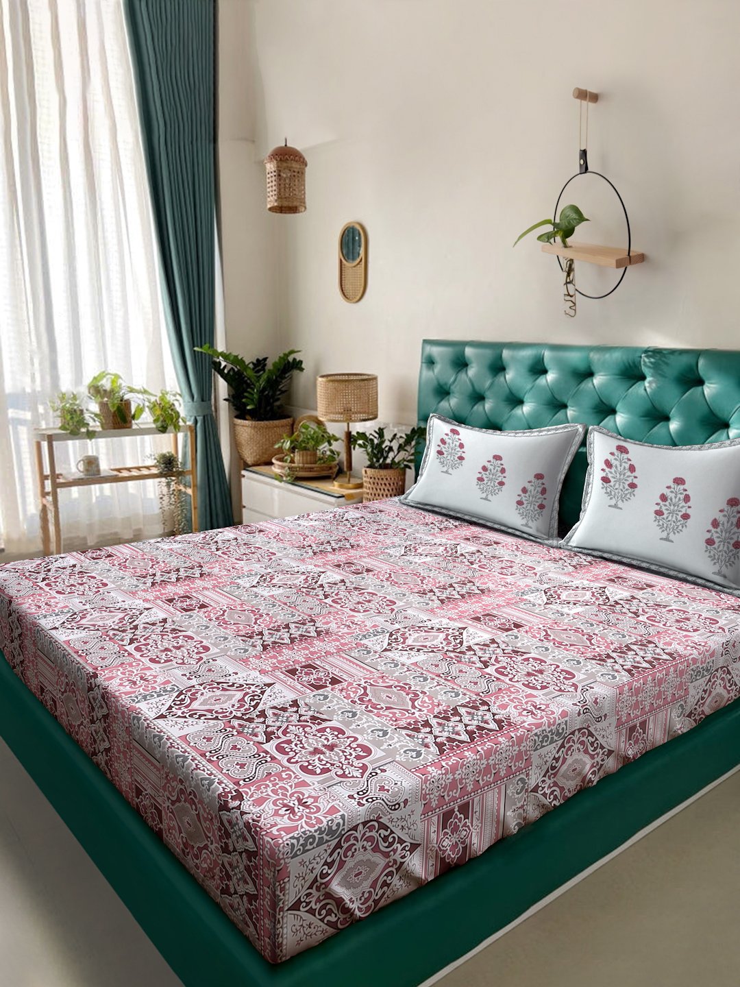 Red Ethnic Motifs 400 TC Pure Cotton Super King Double Bedsheet with 2 Pillow Covers