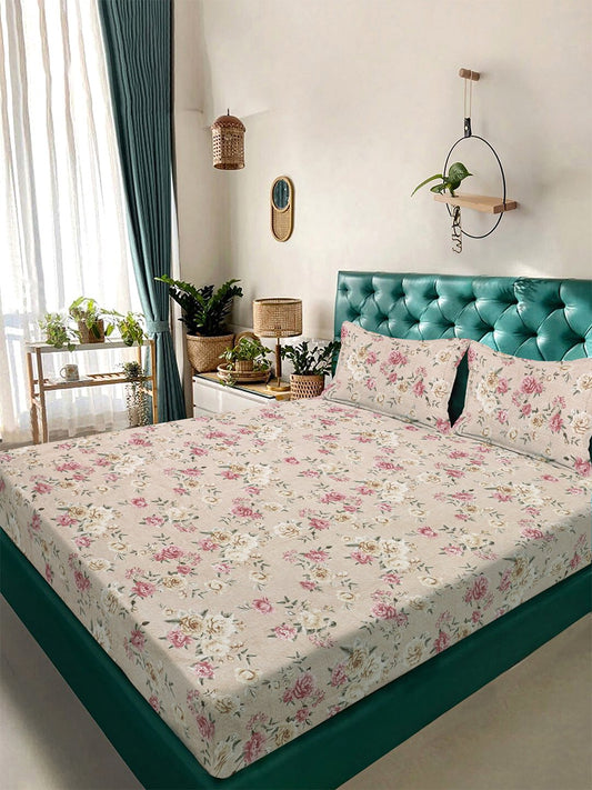 Beige Floral 300 TC Cotton Blend Double Bedsheet with 2 Pillow Covers