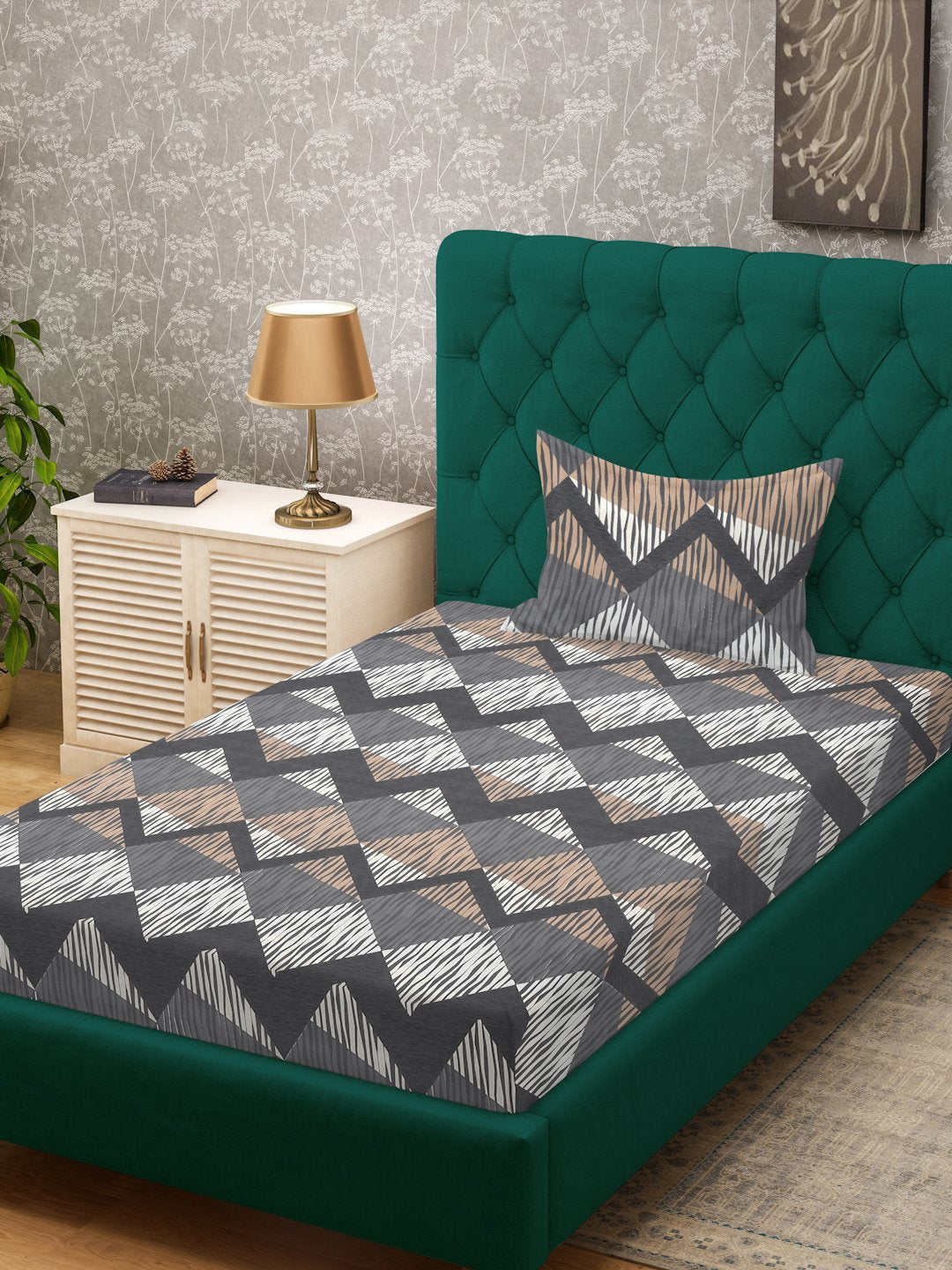Grey Geometric 300 TC Cotton Blend Single Bedsheet with Pillow Cover