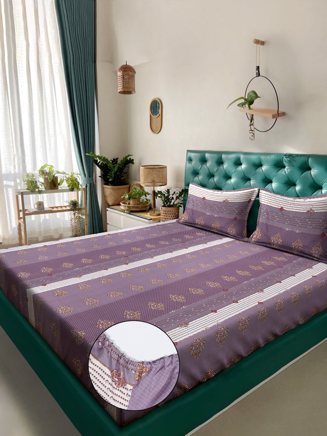 Purple Geometric 300 TC Cotton Blend Fitted Double Bedsheet in Book Fold Packing