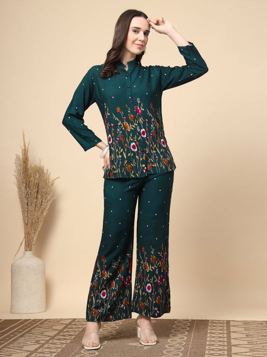 Green Cotton Printed Shirt With Trousers Co-Ords Set