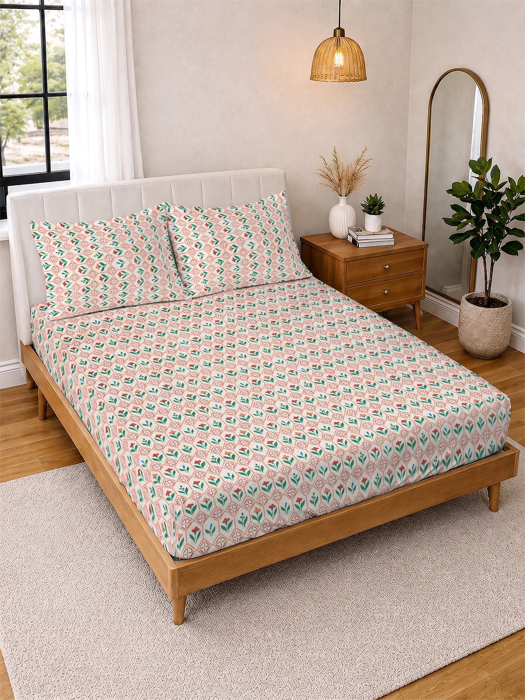 Cream Floral Cotton Blend Double Bedsheet with 2 Pillow Covers