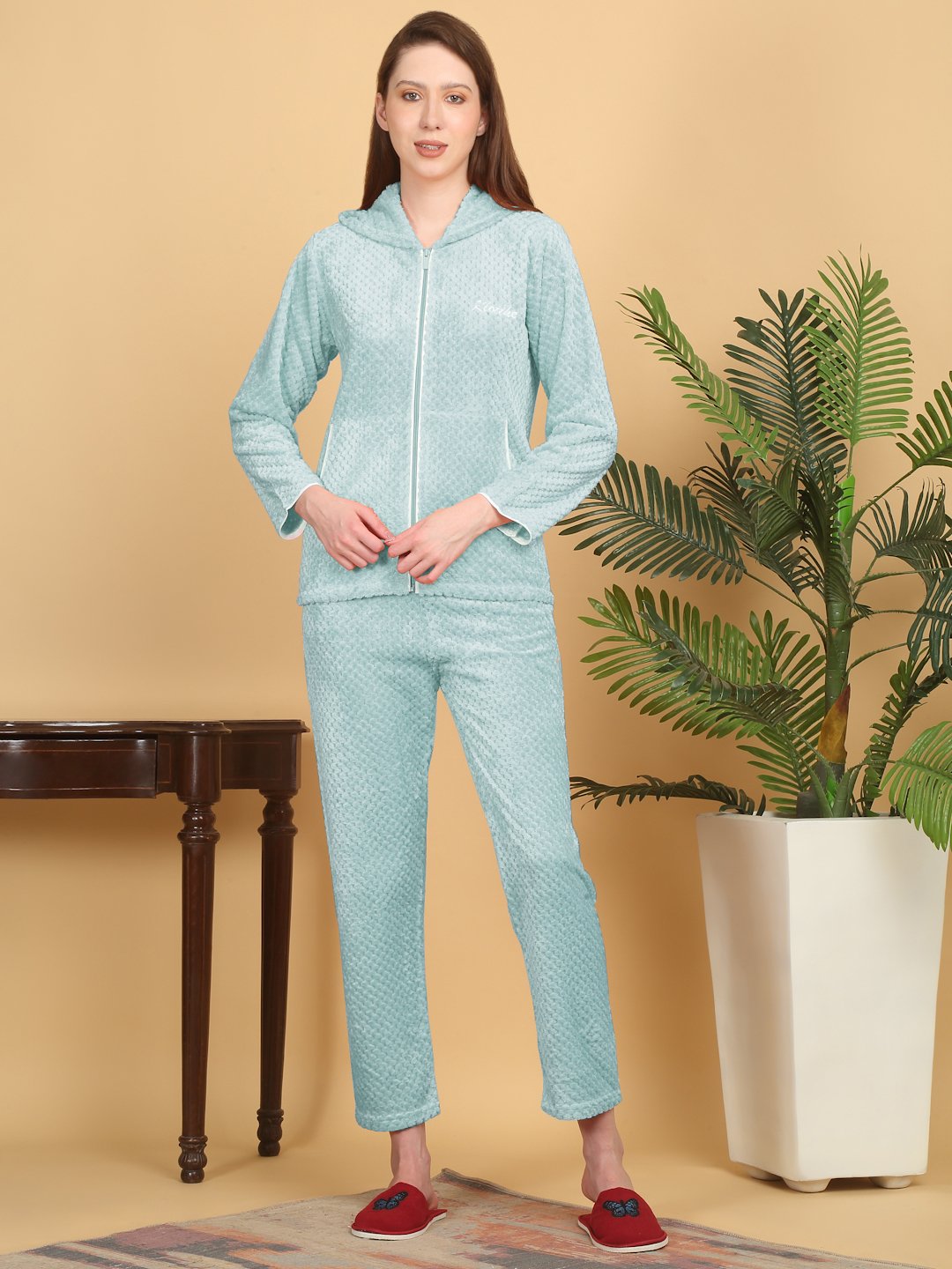 Women Turquoise Solid Hooded Woolen Night Suit