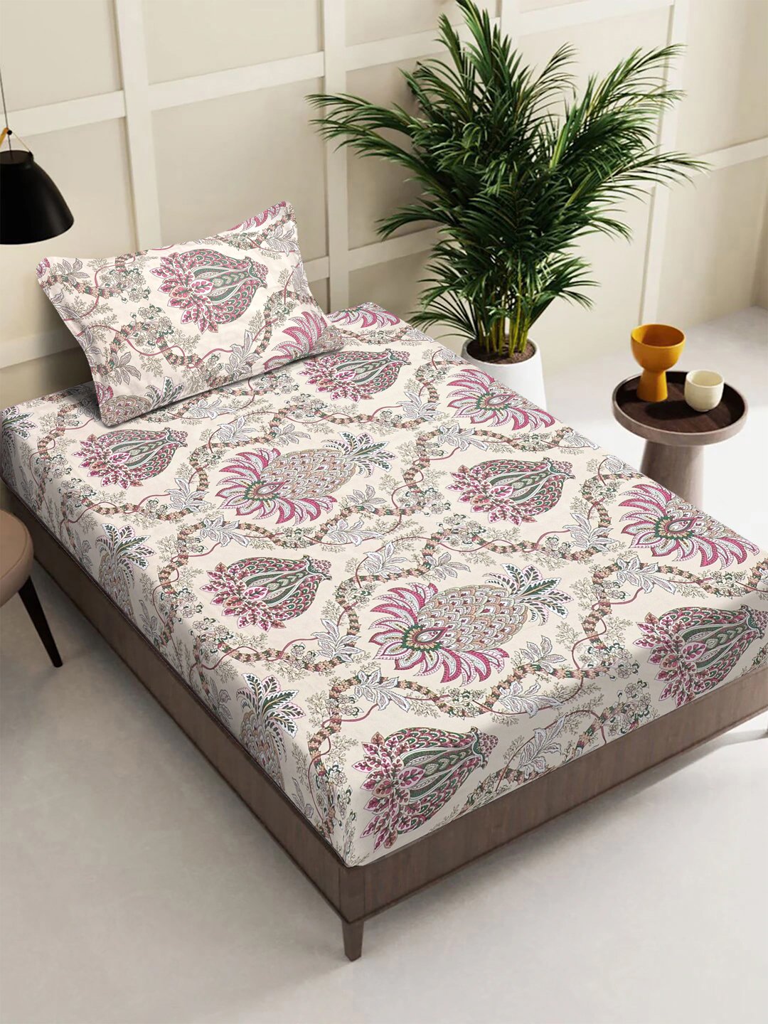 Multi Floral 300 TC Cotton Blend Single Bedsheet with Pillow Cover