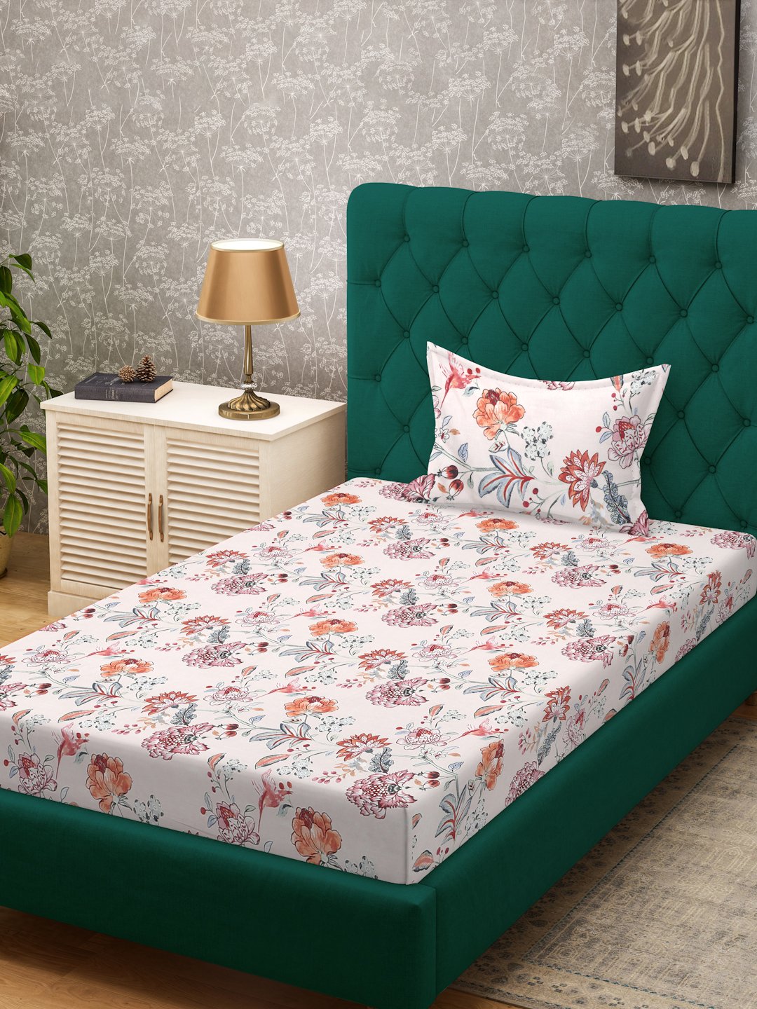 Multi Floral 300 TC Cotton Blend Single Bedsheet in Book Fold Packing