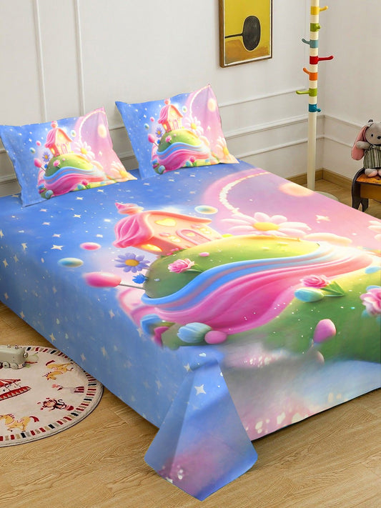 Blue 7D Cartoon Characters Printed Cotton Blend Double Bedsheet with 2 Pillow Covers