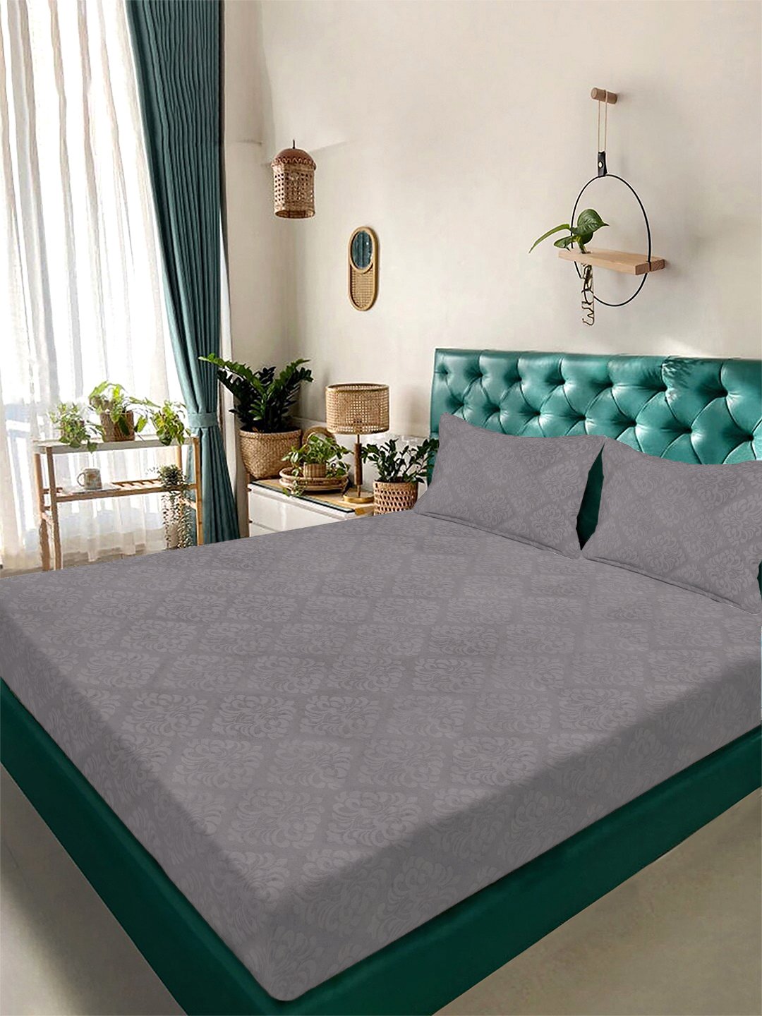 Grey Floral Embossed Cotton Blend Double Bedsheet with 2 Pillow Covers
