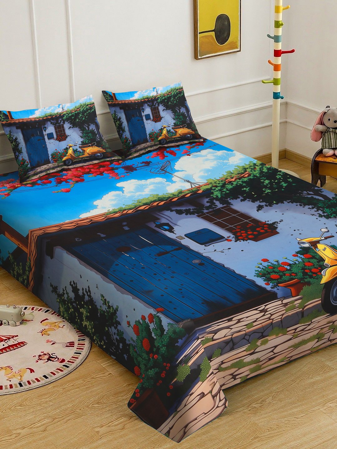 Blue Digital Abstract Printed Cotton Blend Double Bedsheet with 2 Pillow Covers