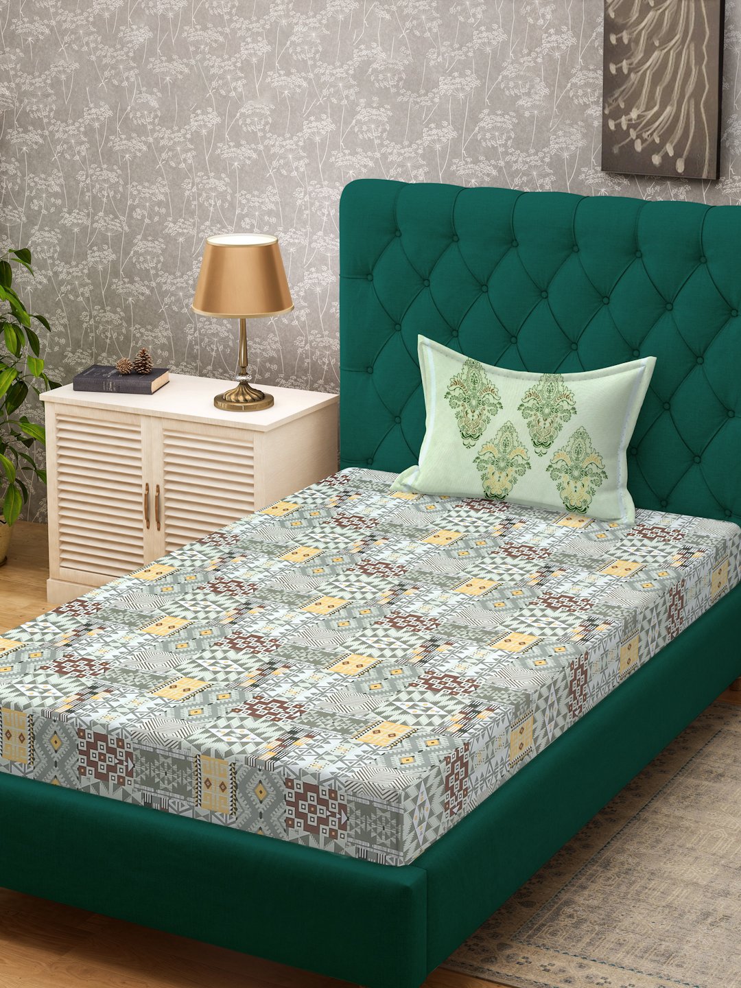 Multi Geometric 400 TC Pure Cotton Single Bedsheet with Pillow Cover