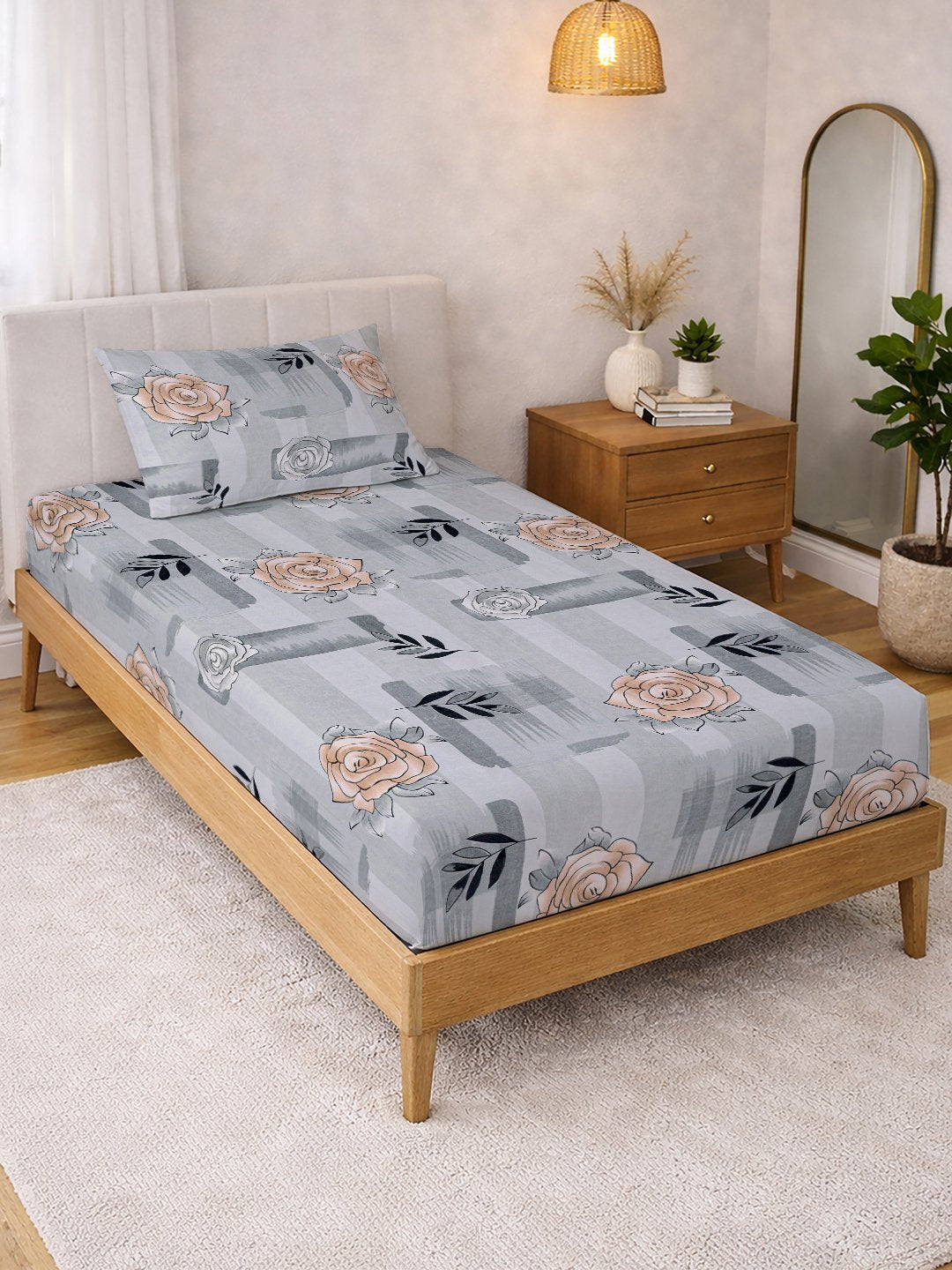 Grey Floral Cotton Blend Single Bedsheet with Pillow Cover