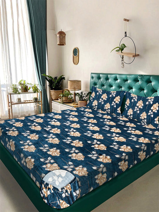 Turquoise Floral Super King Woolen Fitted Double Bedsheet with 2 Pillow Covers