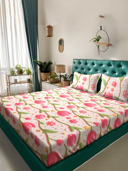 Beige Floral 7D King Size Cotton Blend Double Bedsheet with 2 Pillow Covers