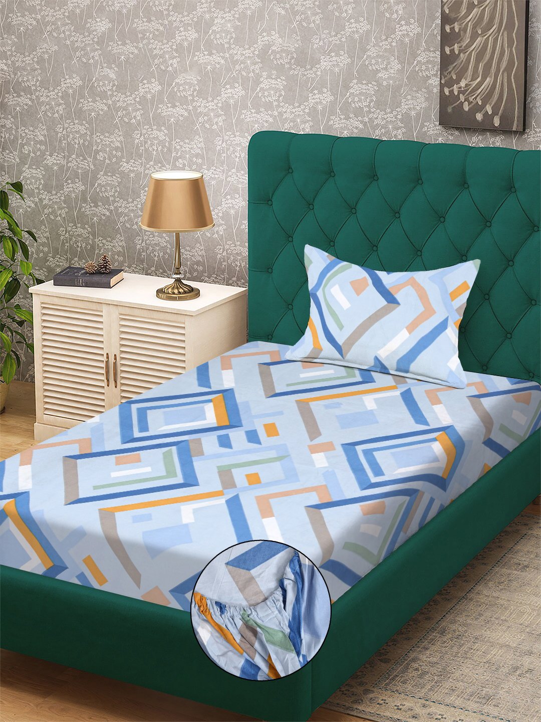 Blue Geometric 300 TC Cotton Blend Fitted Single Bedsheet with Pillow Cover