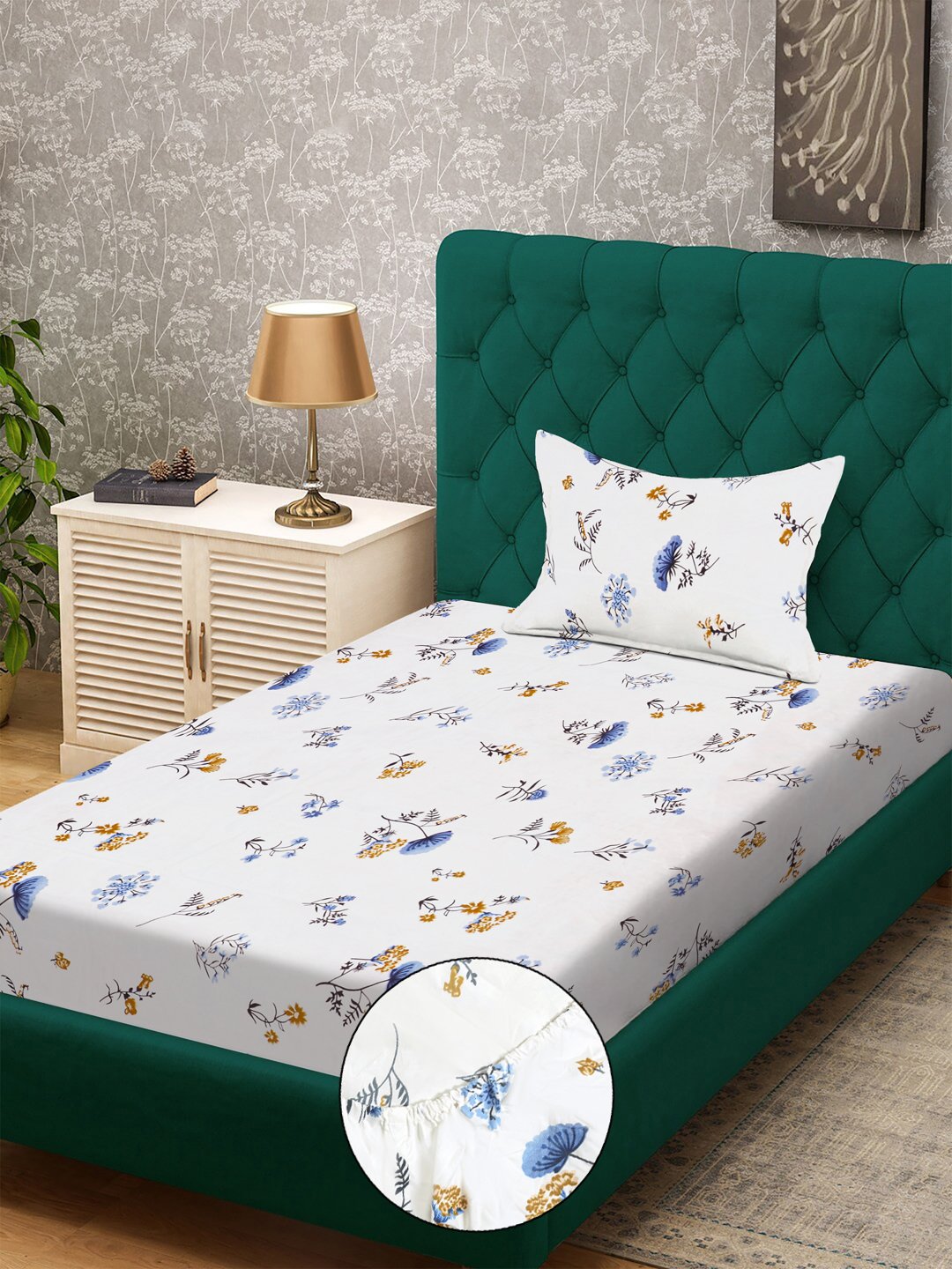 White Floral 300 TC Cotton Blend Fitted Single Bedsheet with Pillow Cover