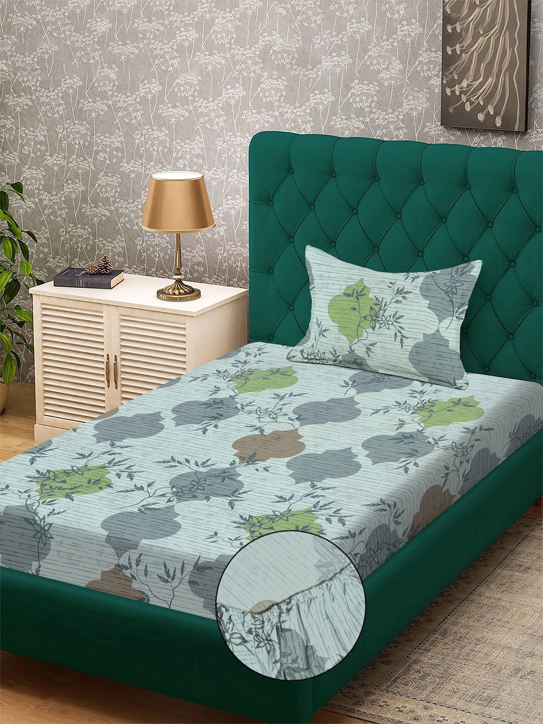 Multi Floral 300 TC Cotton Blend Fitted Single Bedsheet with Pillow Cover