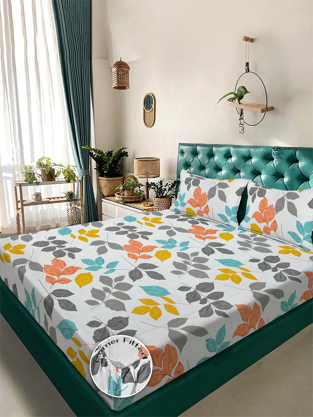 Multi Floral 300 TC Cotton Blend Fitted Double Bedsheet in Book Fold Packing