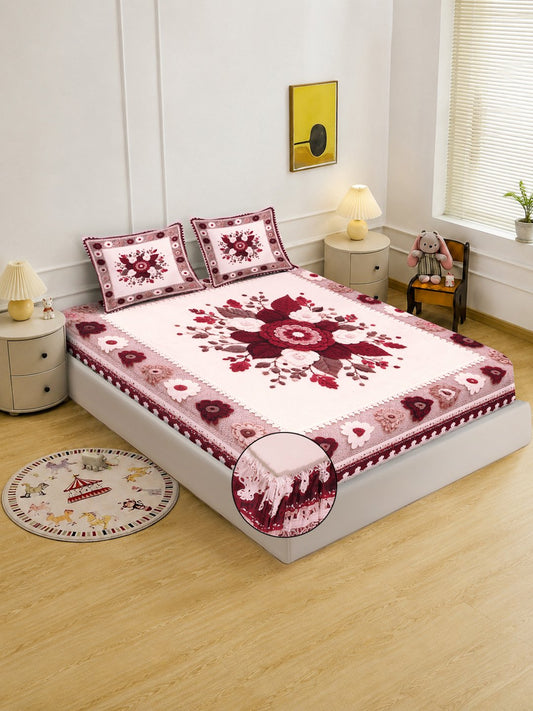 Digital Printed Maroon Floral Cotton Blend Fitted Double Bedsheet with 2 Pillow Covers