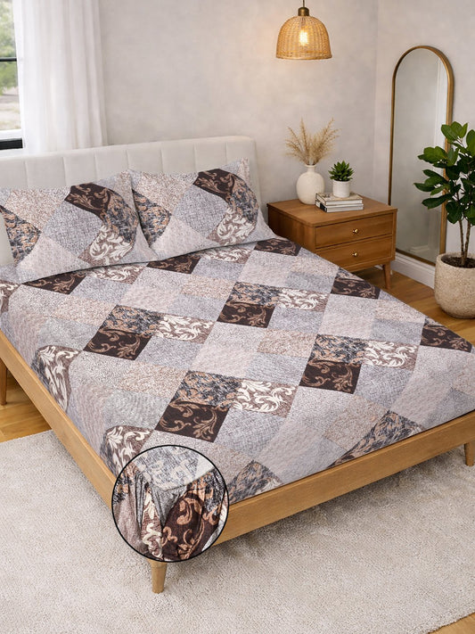 Brown Geometric Cotton Blend Fitted Double Bedsheet with 2 Pillow Covers
