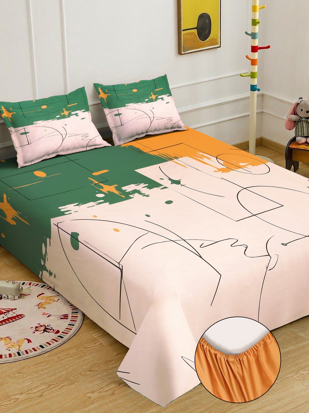 Cream Digital Geometric Printed Fitted Cotton Blend Double Bedsheet with 2 Pillow Covers