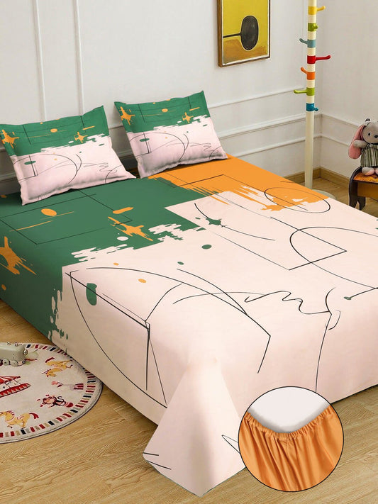 Cream Digital Geometric Printed Fitted Cotton Blend Double Bedsheet with 2 Pillow Covers