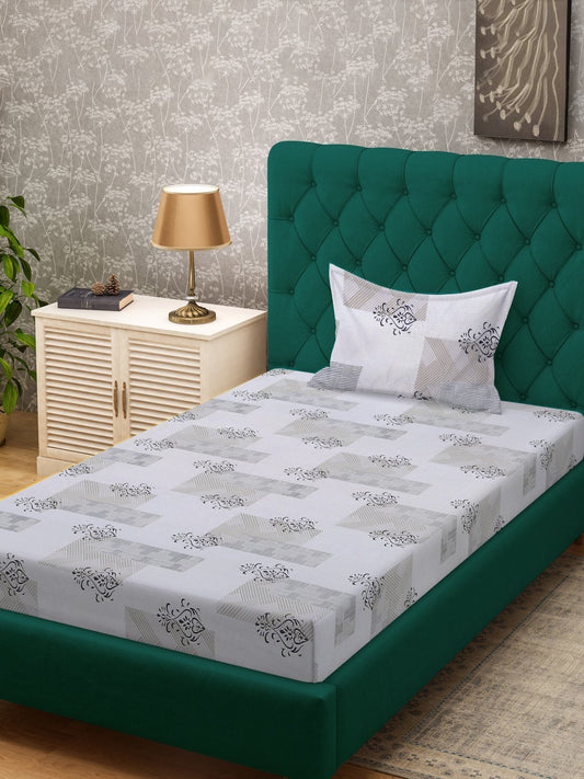 Grey Ethnic Motifs 300 TC Cotton Blend Single Bedsheet in Book Fold Packing