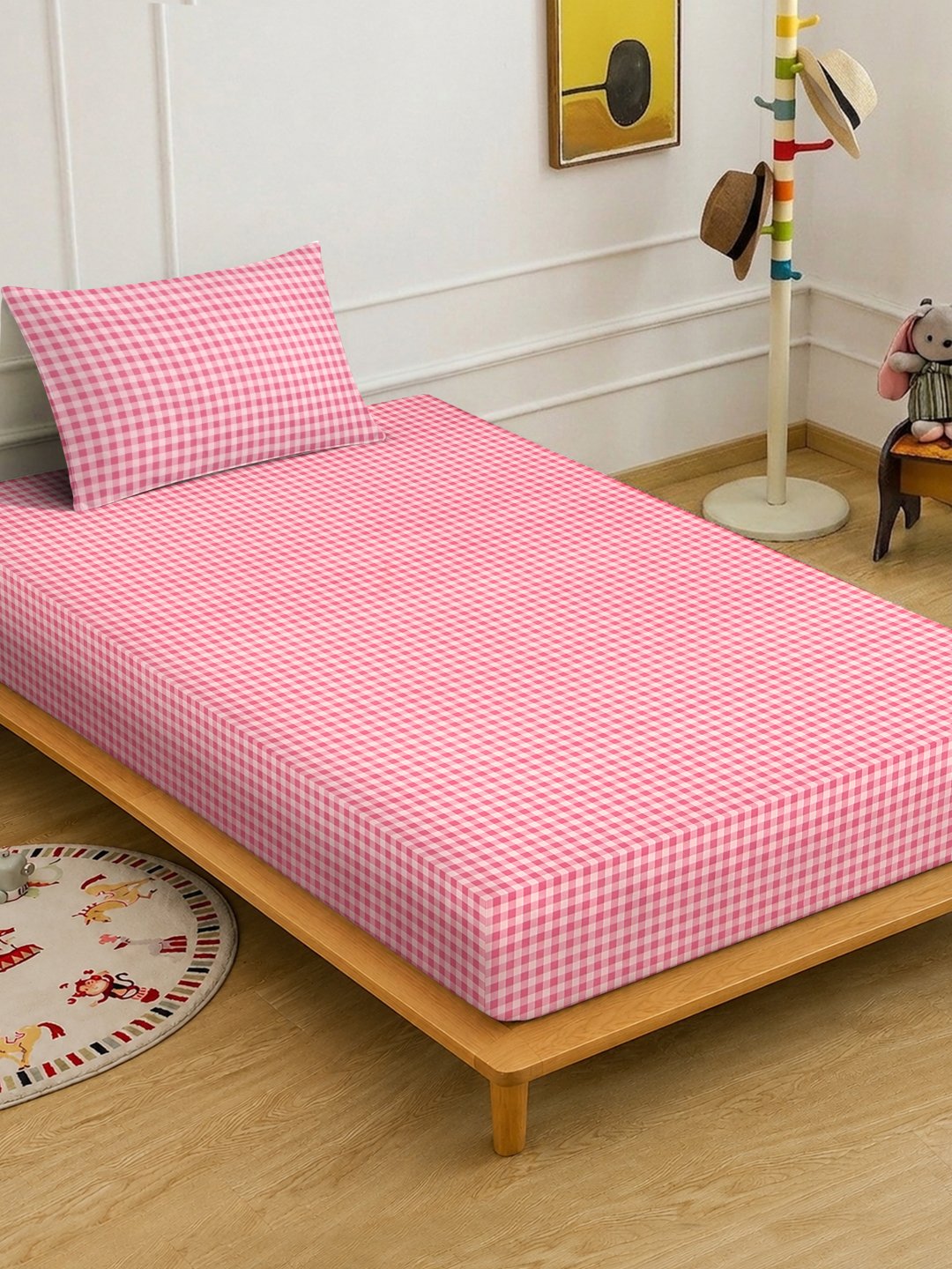 Red Checked Cotton Blend Single Bedsheet with Pillow Cover