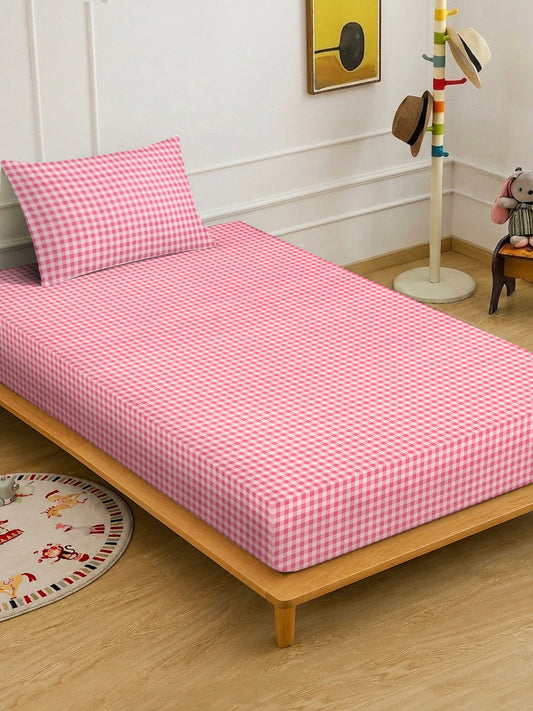 Red Checked Cotton Blend Single Bedsheet with Pillow Cover