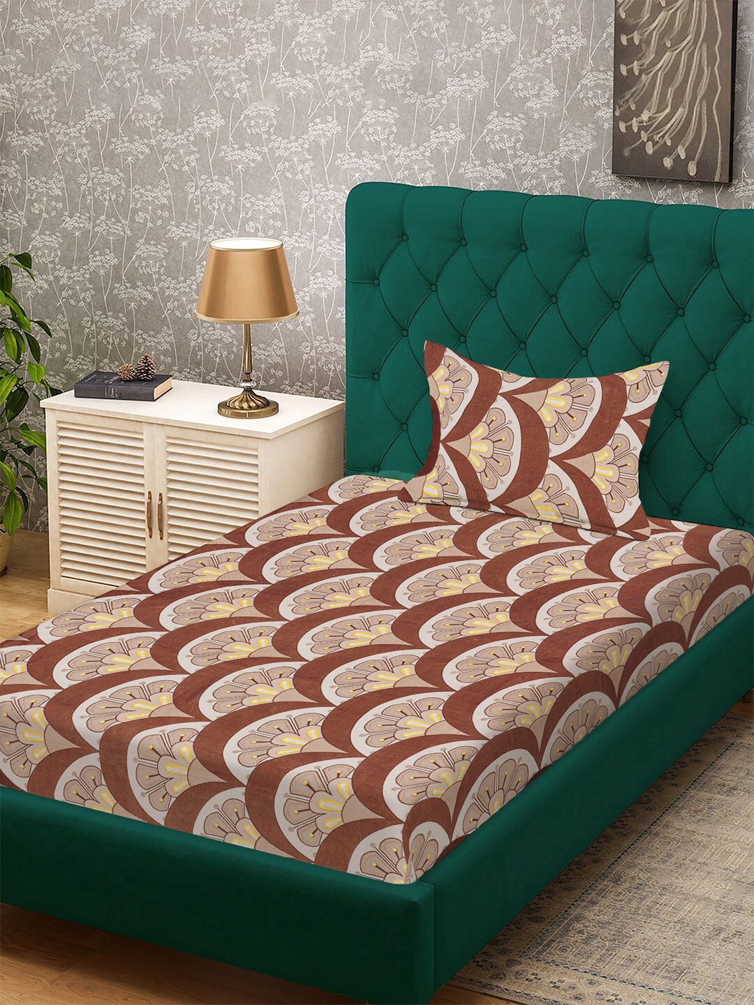 Brown Floral 300 TC Cotton Blend Fitted Single Bedsheet with Pillow Cover