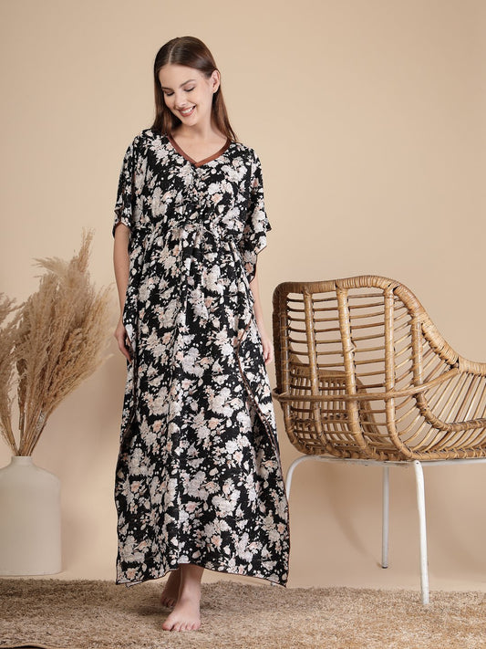 Black Floral Cotton Blend Kaftan Maxi Nightdress