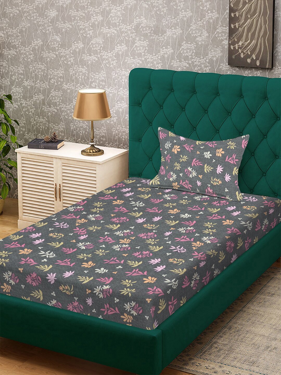 Grey Floral 300 TC Cotton Blend Single Bedsheet with Pillow Cover