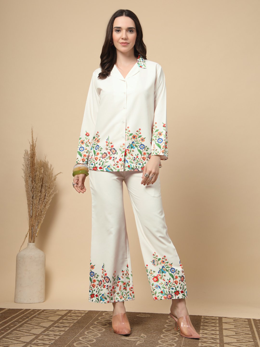 Cream Cotton Printed Shirt With Trousers Co-Ords Set