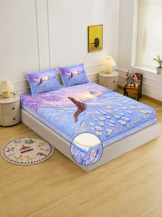 Digital Printed Purple Floral Cotton Blend Fitted Double Bedsheet with 2 Pillow Covers