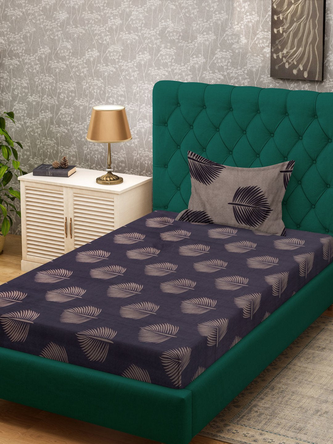 Purple Floral 300 TC Cotton Blend Single Bedsheet with Pillow Cover