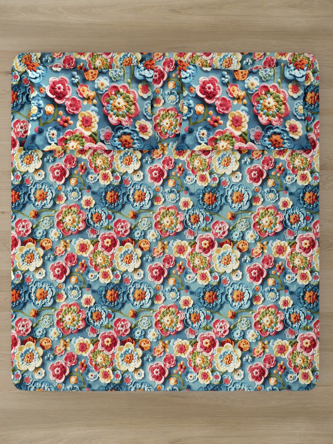 Blue Floral 7D King Size Cotton Blend Fitted Double Bedsheet with 2 Pillow Covers