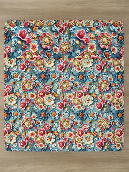 Blue Floral 7D King Size Cotton Blend Fitted Double Bedsheet with 2 Pillow Covers