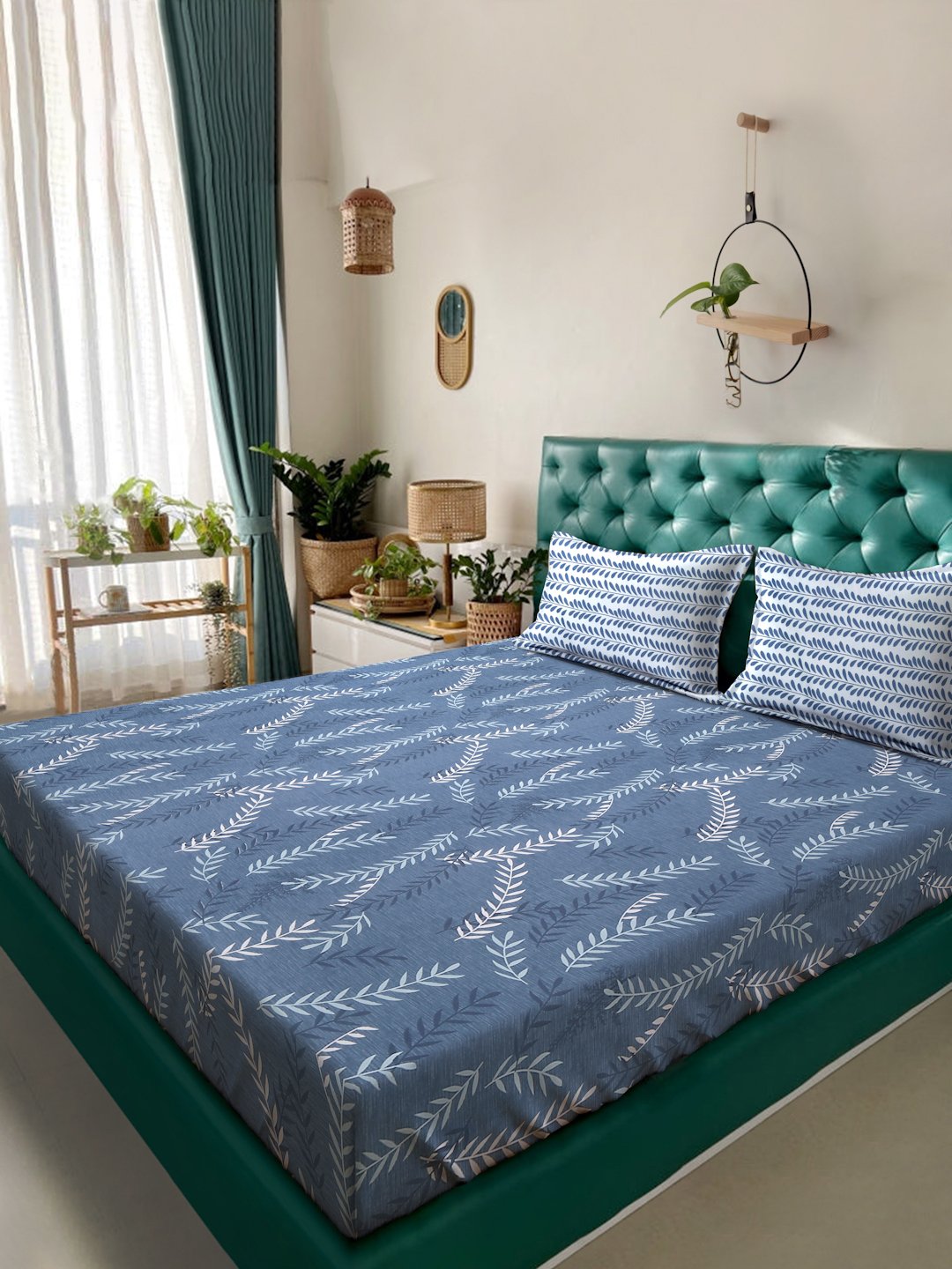 Blue Floral 300 TC Cotton Blend Double Bedsheet in Book Fold Packing