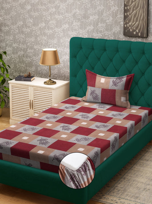 Klotthe Multicolor Geometric 300 TC Cotton Blend Fitted Single Bedsheet with Pillow Cover