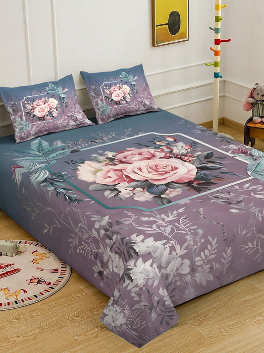 Purple Digital Floral Printed Cotton Blend Double Bedsheet with 2 Pillow Covers