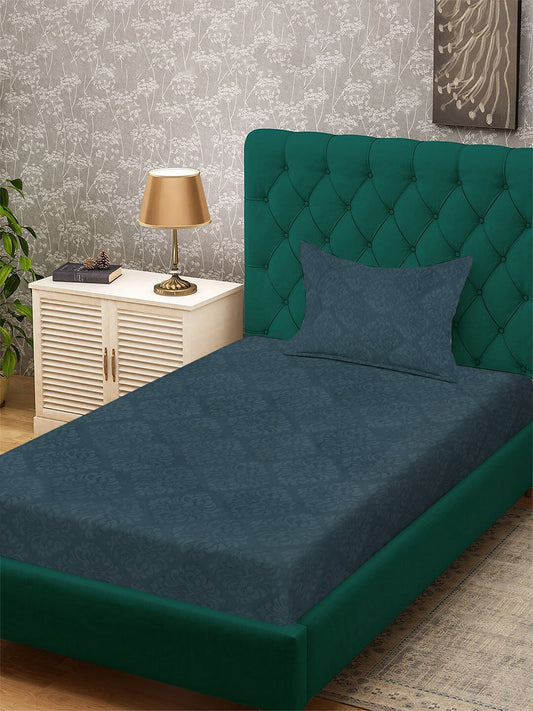 Blue Floral Embossed Cotton Blend Single Bedsheet with Pillow Cover