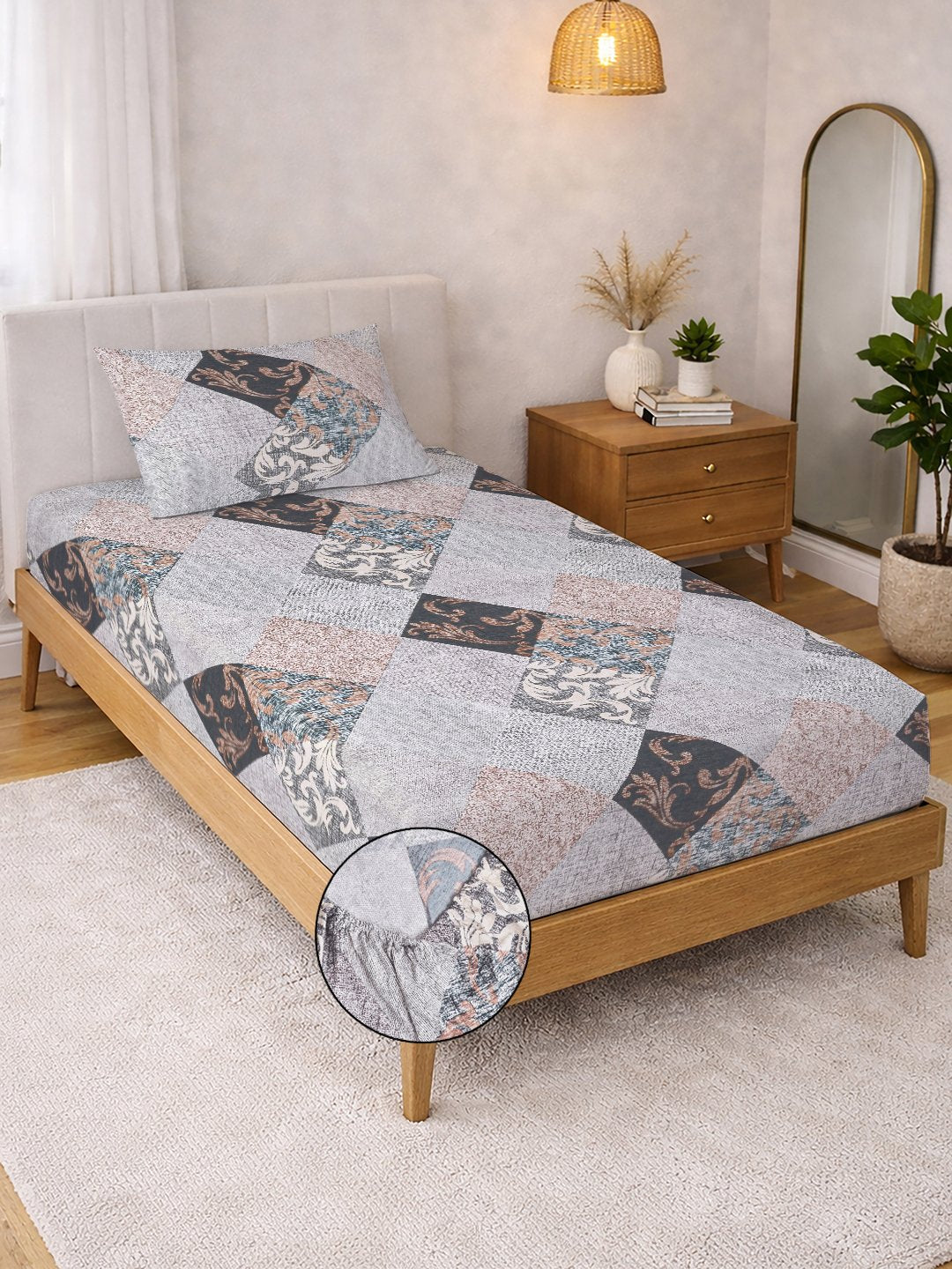 Multi Geometric Cotton Blend Fitted Single Bedsheet with Pillow Cover