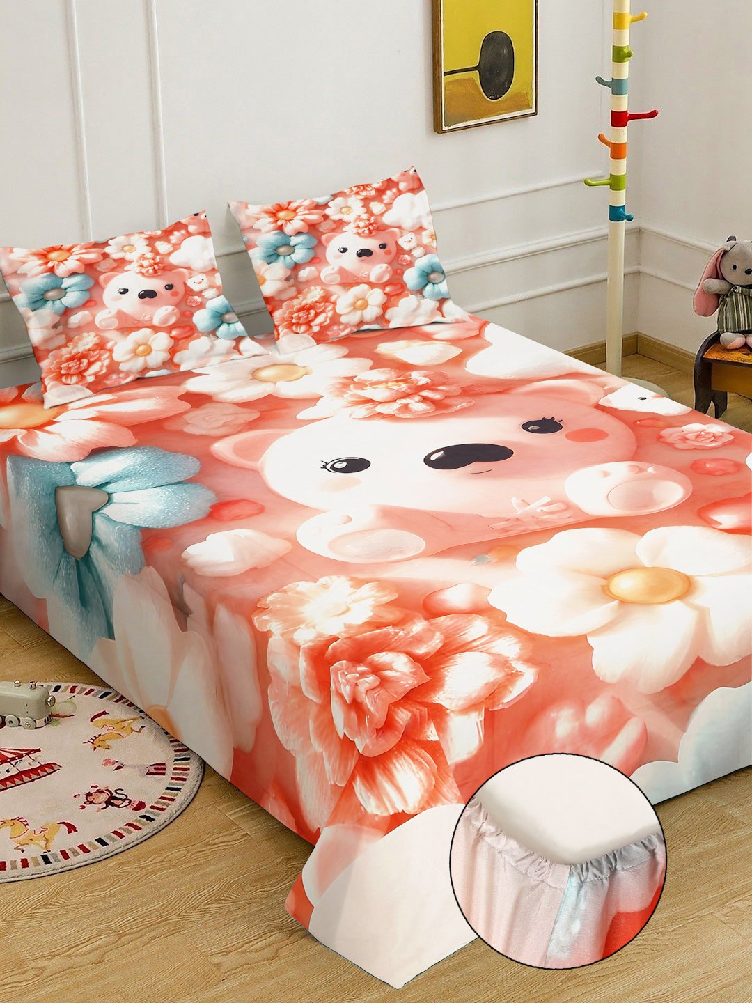 Orange 7D Cartoon Characters Printed Fitted Cotton Blend Double Bedsheet with 2 Pillow Covers