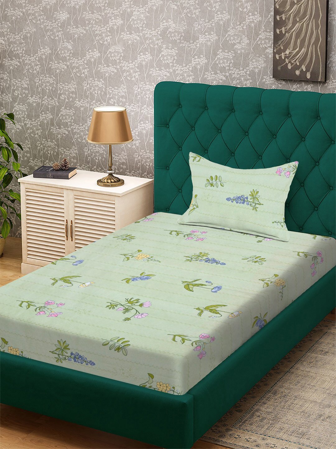 Green Floral 300 TC Cotton Blend Single Bedsheet with Pillow Cover