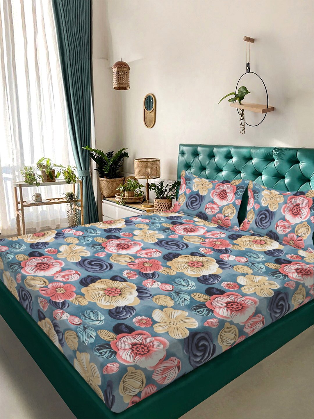 Blue Floral 7D King Size Cotton Blend Double Bedsheet with 2 Pillow Covers