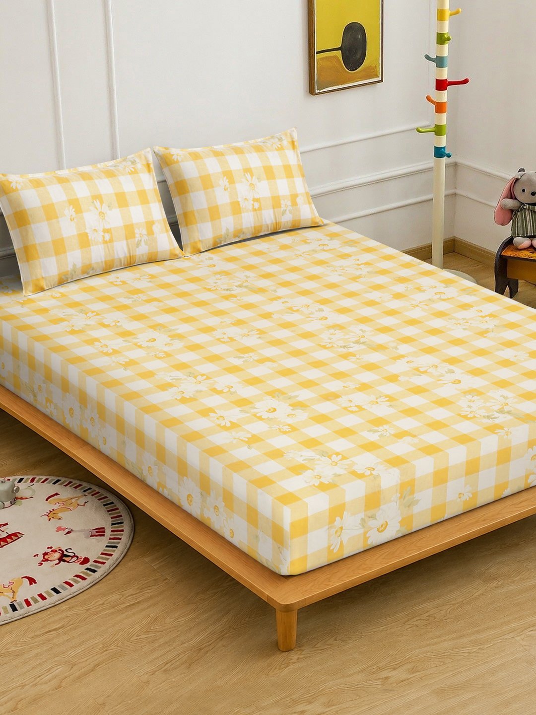 Yellow Floral Cotton Blend Double Bedsheet with 2 Pillow Covers