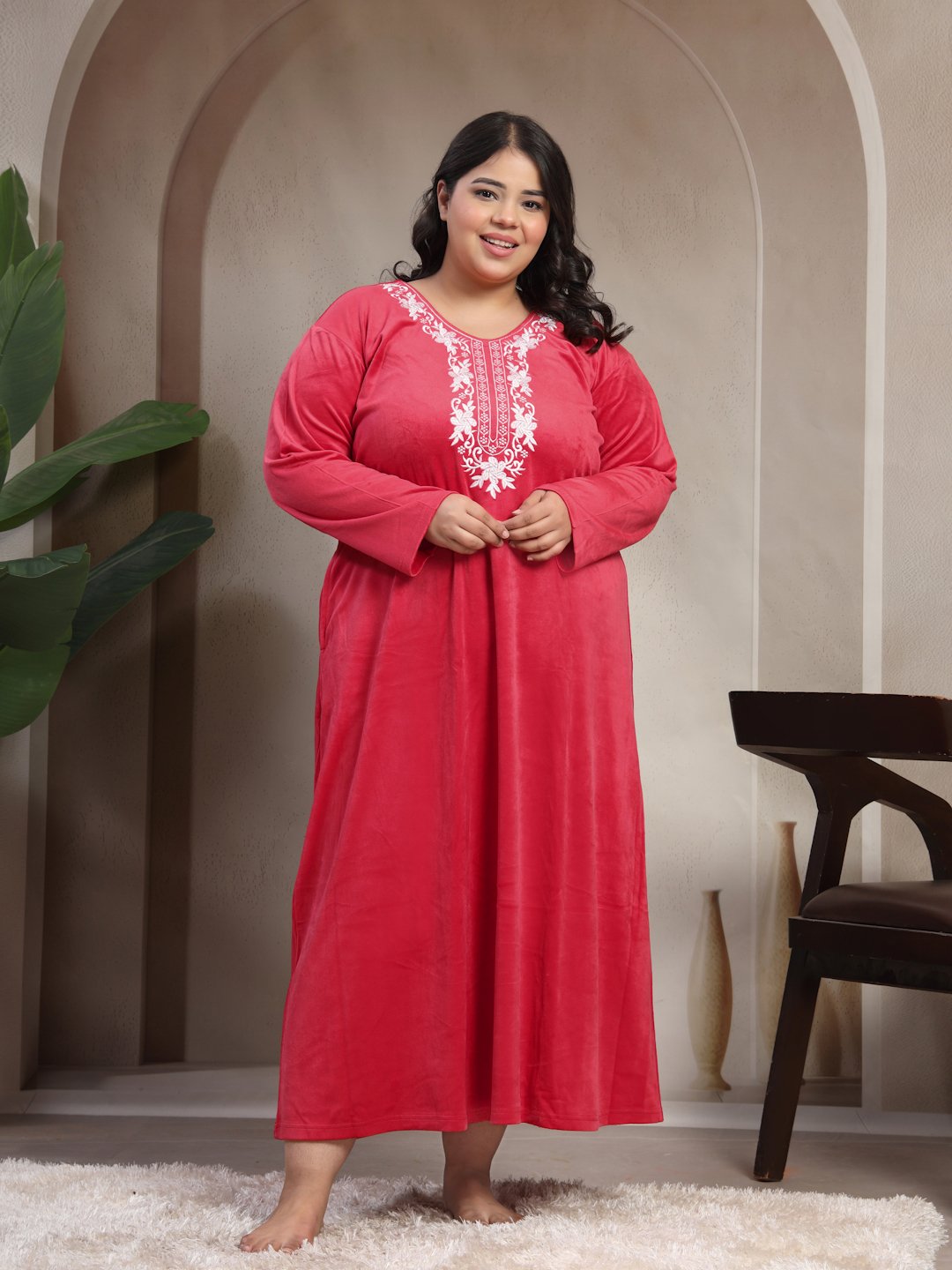 Klotthe Red Solid Soft touch Velvet Maxi Nightdress