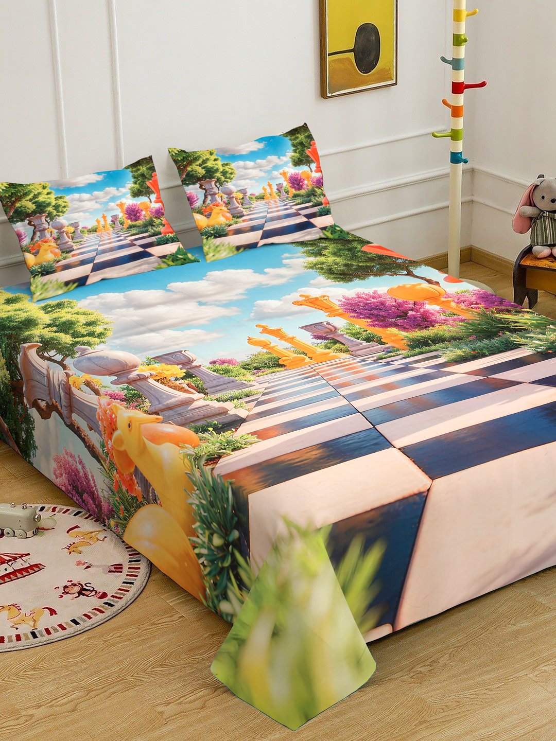 Multi Cartoon Characters 7D King Size Cotton Blend Double Bedsheet with 2 Pillow Covers